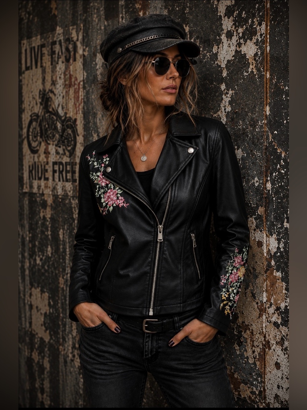Philosophy Embroidered Floral Faux Leather Moto Jacket | Black Biker Jacket | Si